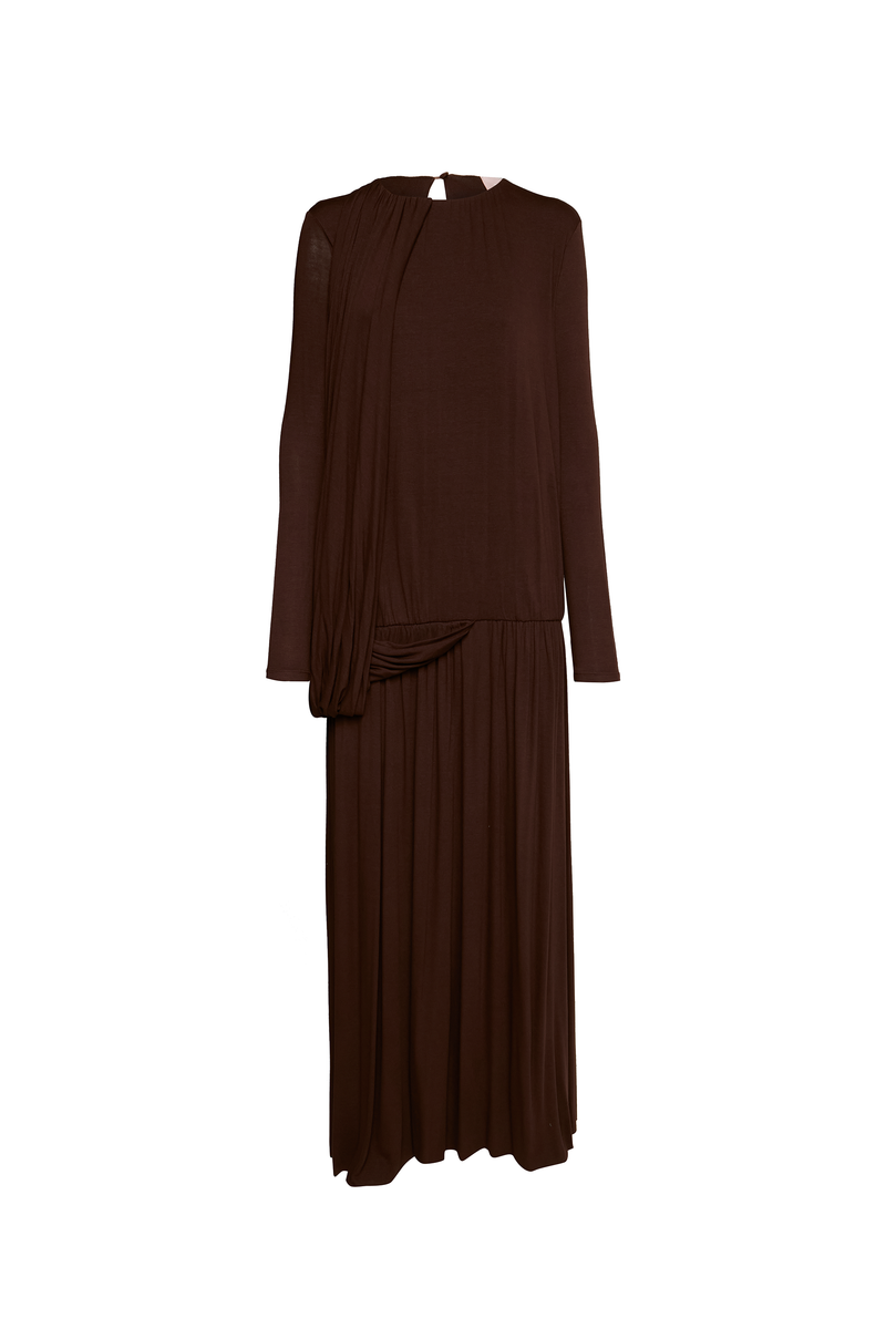 VESTIDO LONGO AMPLO MANGA LONGA MALHA MARROM (8950209937635)