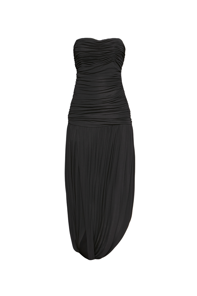 VESTIDO TOMARA QUE CAIA CORPO DRAPEADO SAIA TORCIDA MALHA PRETO (8950211412195)