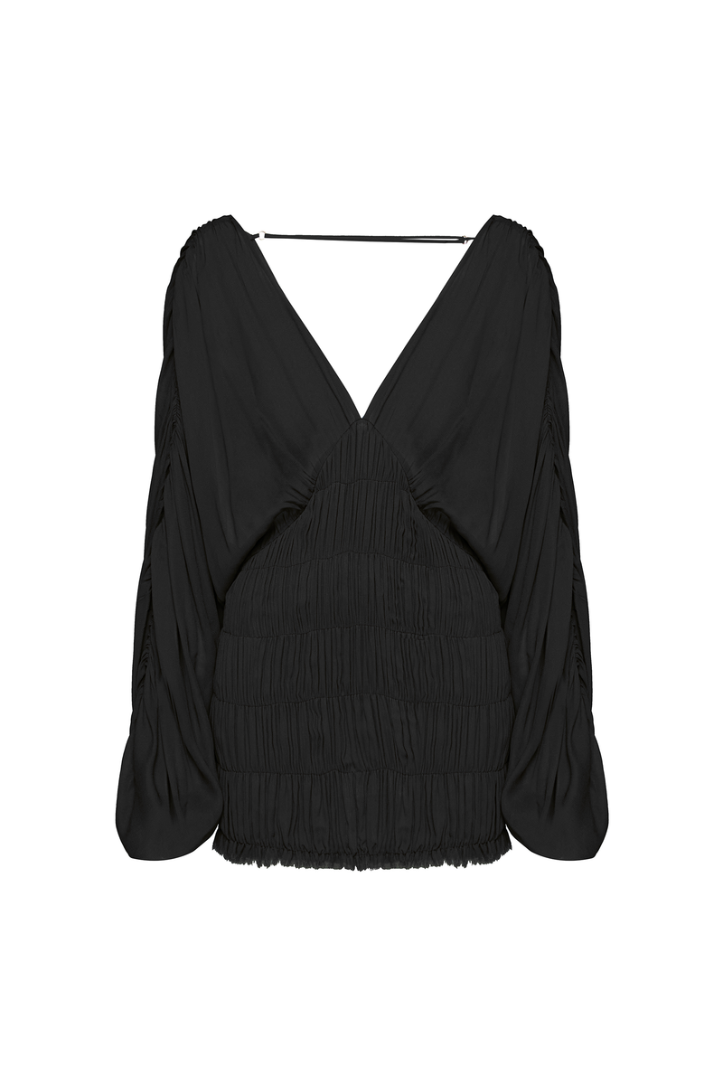 VESTIDO CURTO MANGA LONGA CORPO LASTEX GEORGETE PRETO (8950209380579)