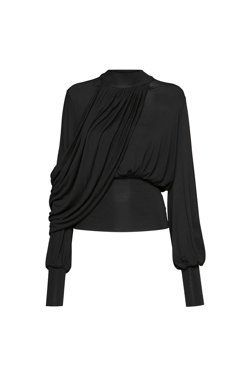 BLUSA GOLA ALTA MANGA LONGA PALA CINTURA FAIXA DRAPEADA MALHA PRETA (8950206496995)