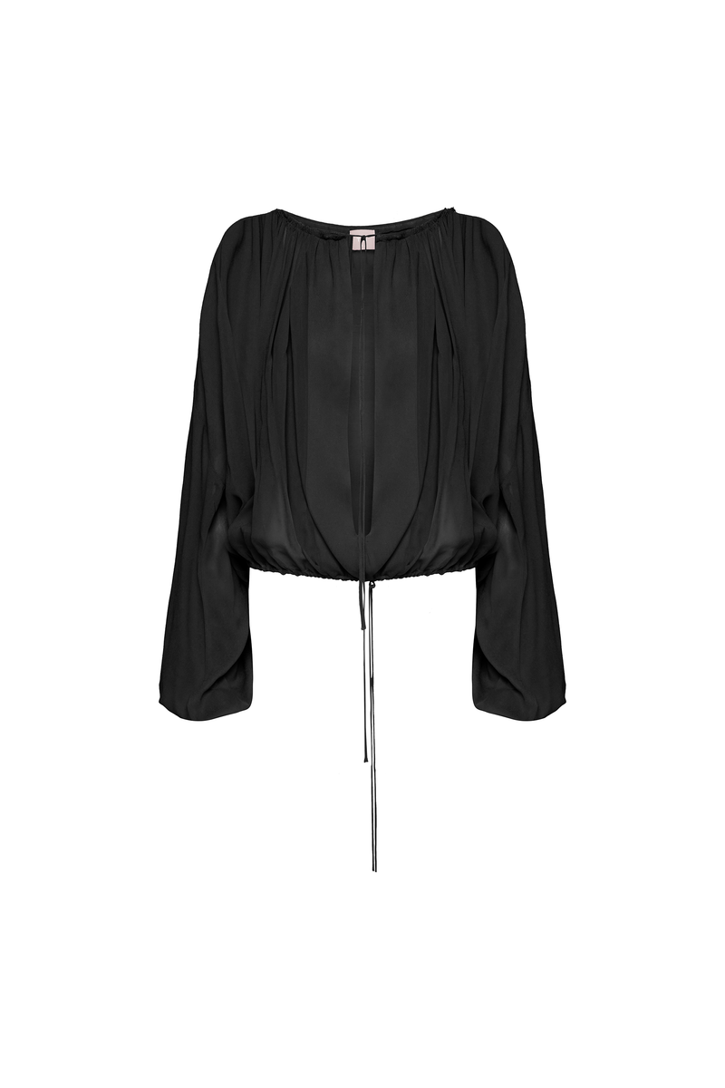 BATA AMPLA MANGA LONGA ELÁSTICOS MANGAS E BARRA GEORGETE PRETO (8950206300387)