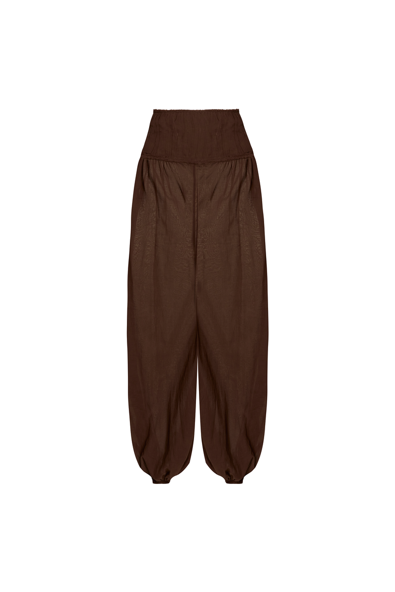 CALÇA PALA DRAPEADA ELÁSTICO BARRA ALGODÃO MARROM (8980752466147)