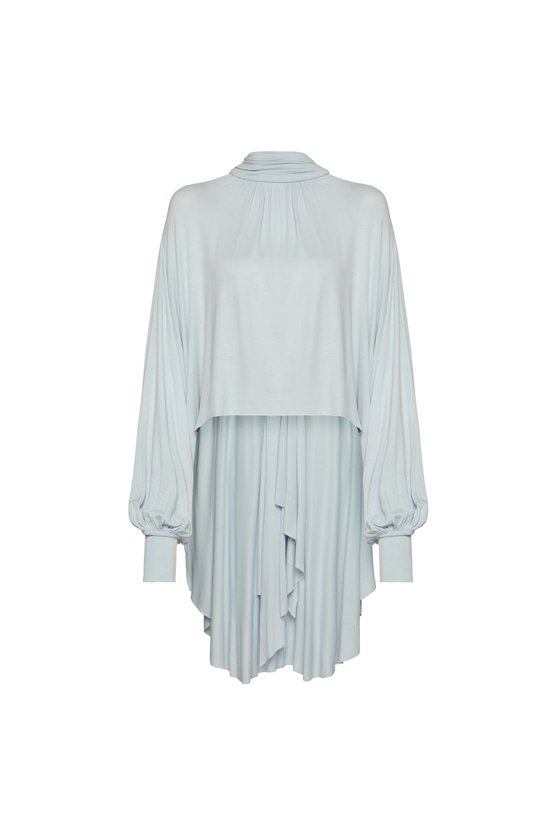 BLUSA GOLA ALTA DRAPEADA MULLET MANGA LONGA MALHA AZUL (8980750205155)
