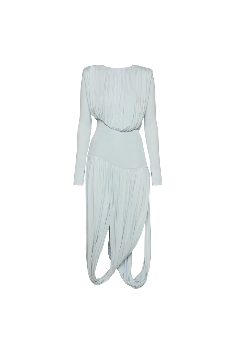 VESTIDO LONGO MANGA LONGA SAIA TORCIDA CORPO DRAPEADO MALHA AZUL (8980758954211)