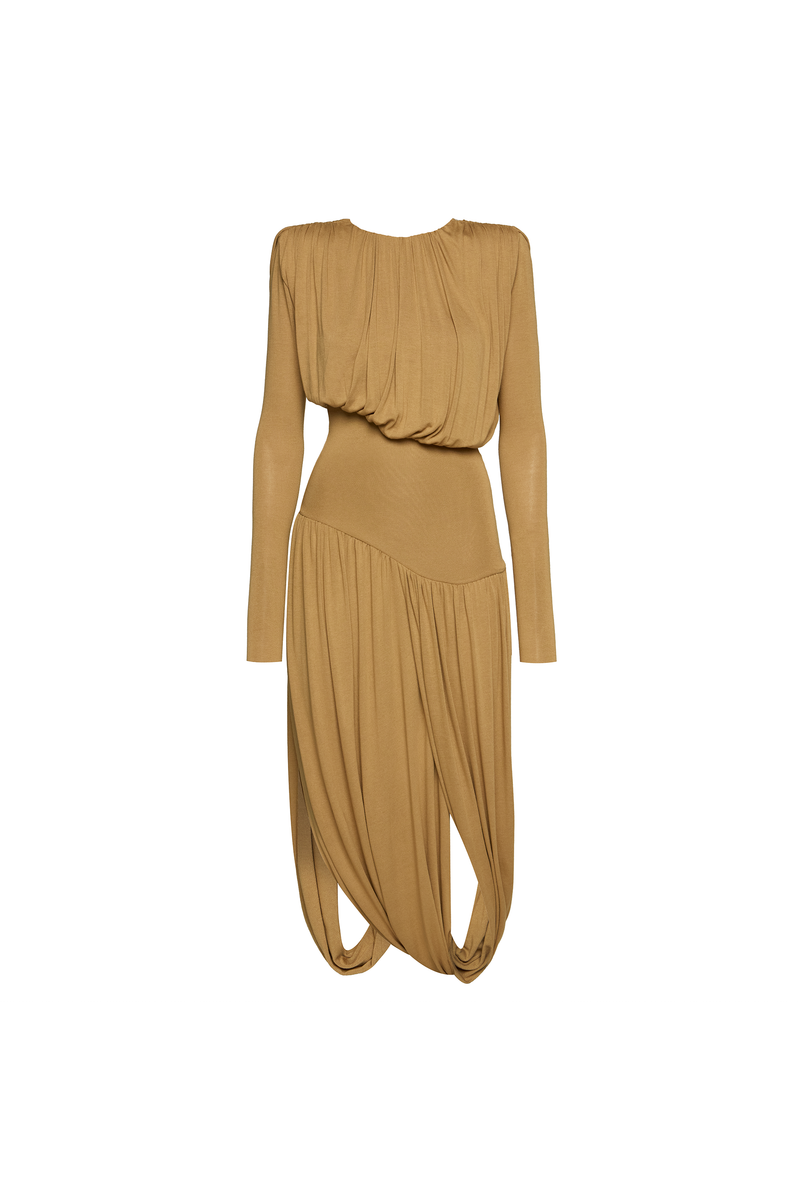 VESTIDO LONGO MANGA LONGA SAIA TORCIDA CORPO DRAPEADO MALHA CARAMELO (8980759150819)