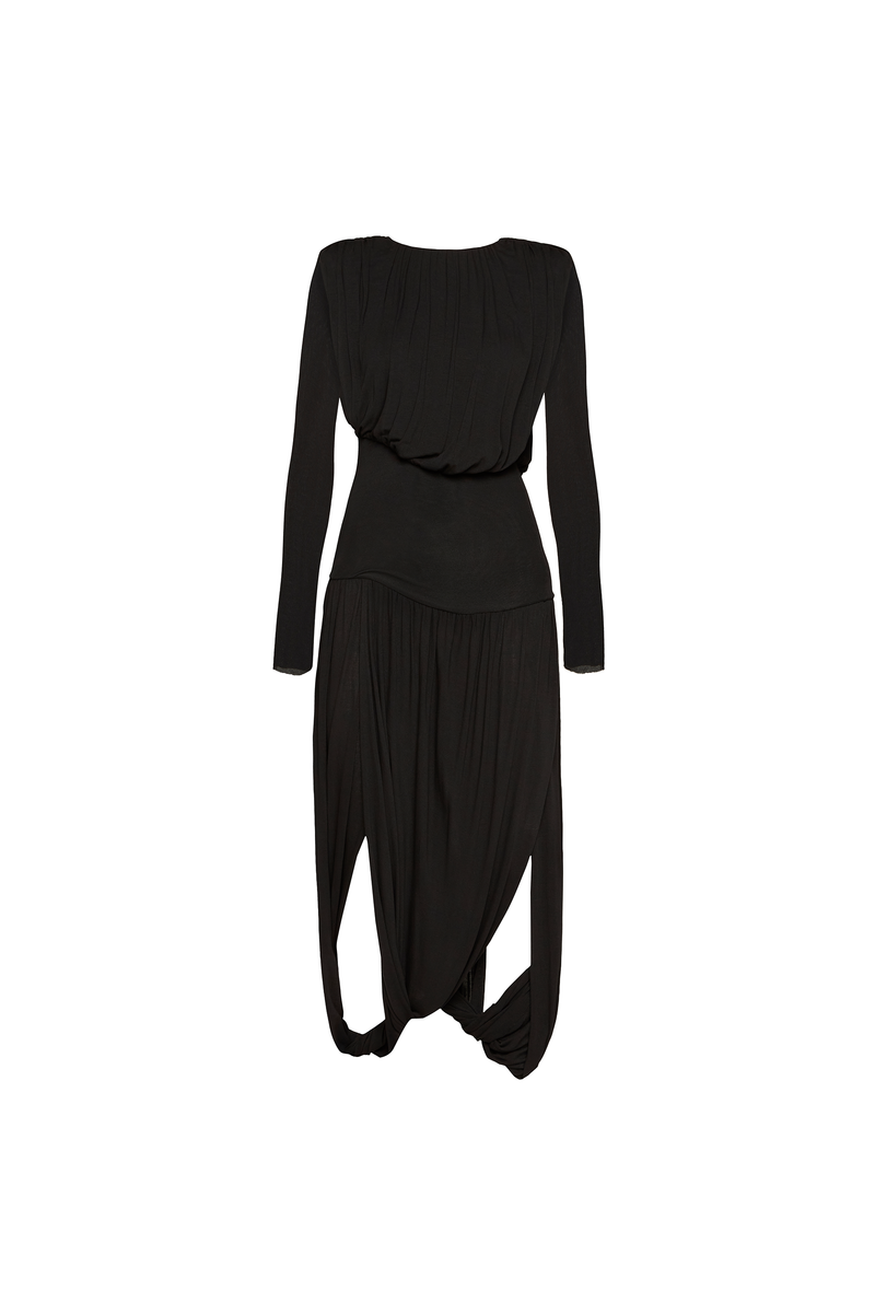 VESTIDO LONGO MANGA LONGA SAIA TORCIDA CORPO DRAPEADO MALHA PRETO (8980759281891)
