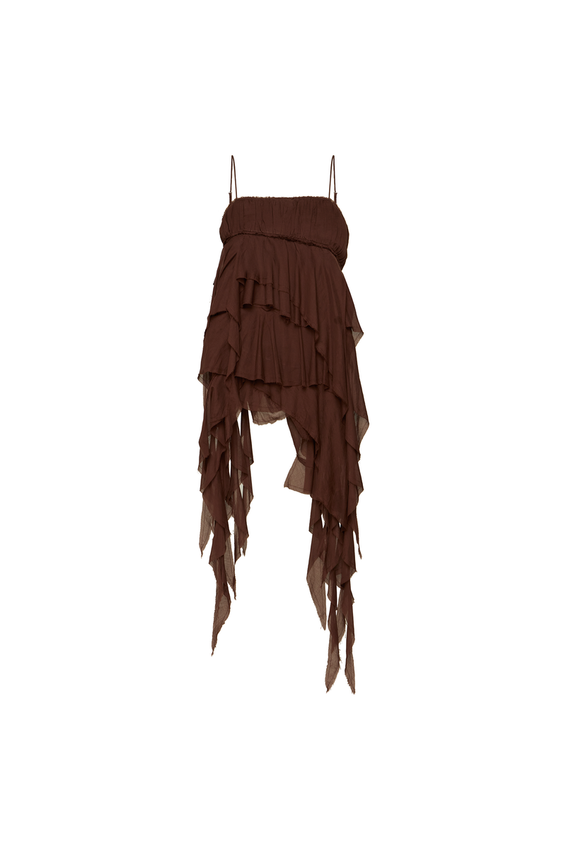 VESTIDO PALA DRAPEADA BABADOS ASSIMÉTRICOS ALGODÃO MARROM (8980759511267)
