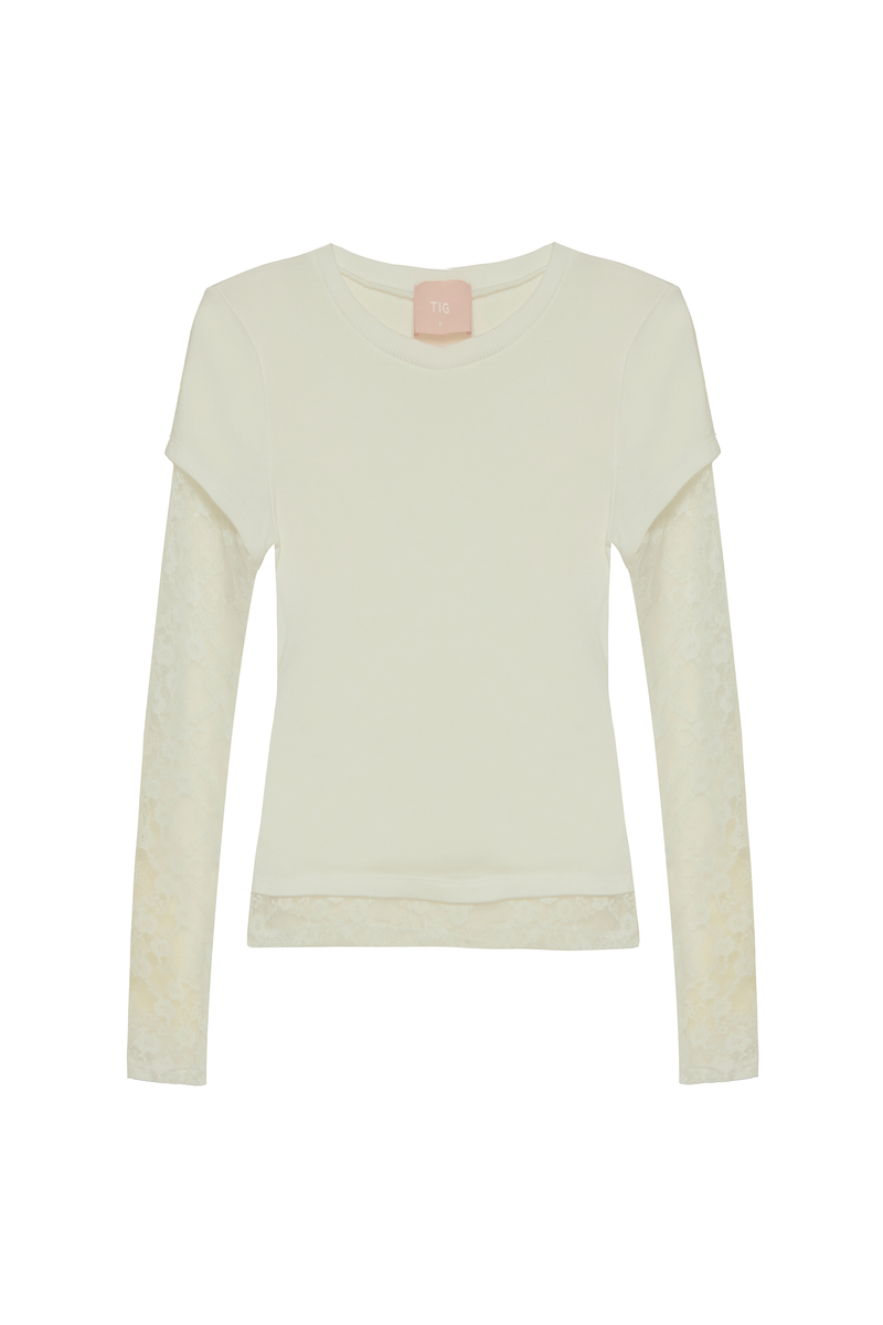 CAMISETA SOBREPOSIÇÃO MANGA RENDA OFF WHITE (8980753449187)