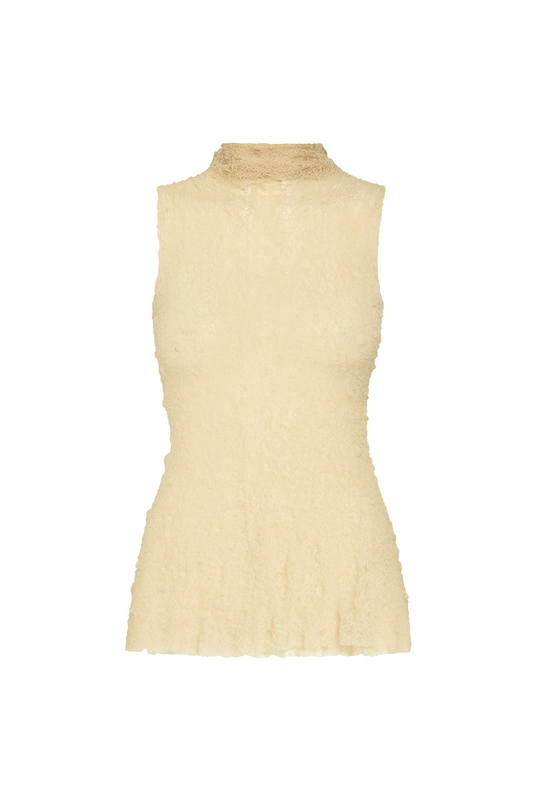 BLUSA SEM MANGA GOLA ALTA RENDA BEGE