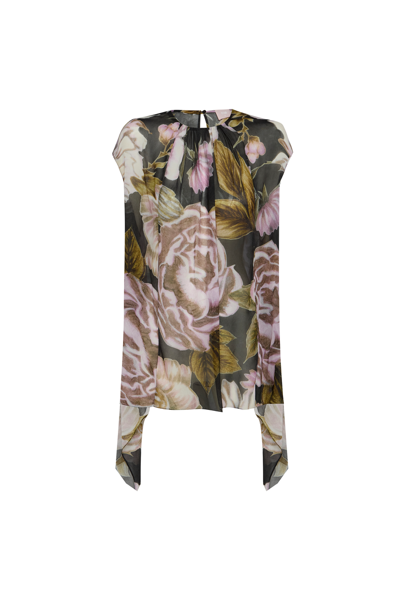 BLUSA AMPLA PONTAS SEM MANGA GEORGETE FLORAL PRETO (8980750074083)