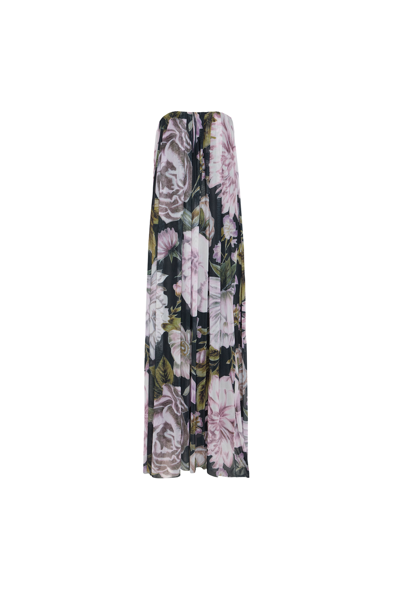 VESTIDO LONGO AMPLO TOMARA QUE CAIA TULE FLORAL PRETO (8980758069475)