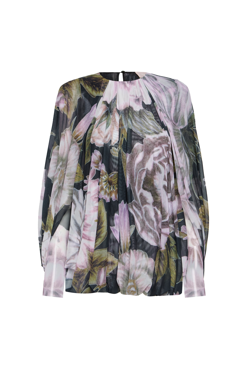 VESTIDO CURTO AMPLO BALONÊ CAPA TULE FLORAL PRETO (8980756529379)