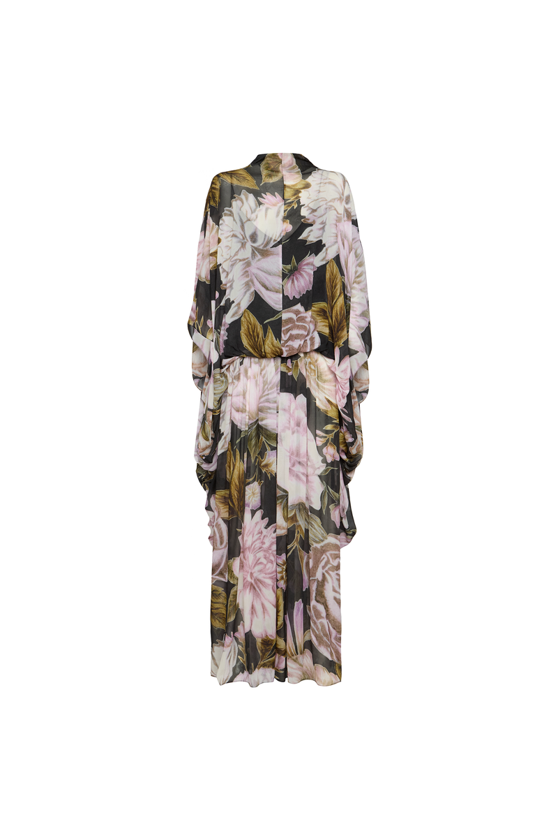 VESTIDO LONGO AMPLO CAPA GEORGETE FLORAL PRETO (8980757610723)