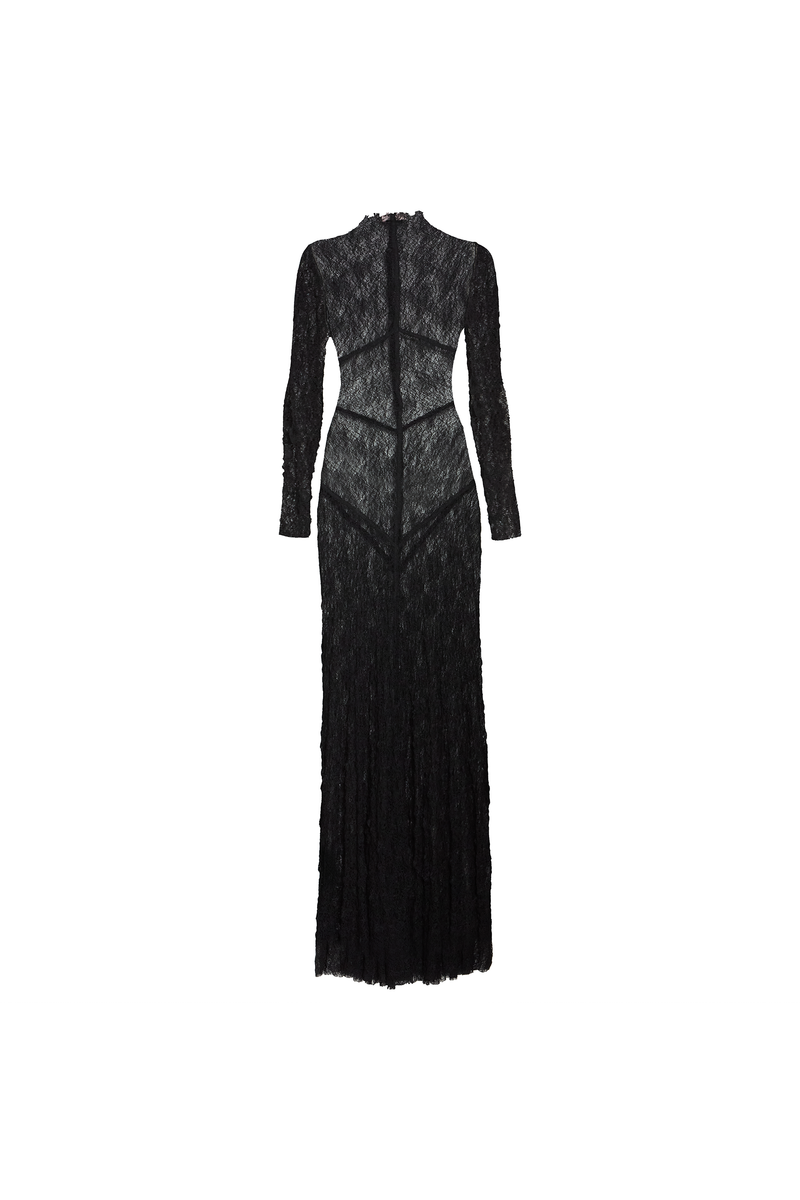 VESTIDO LONGO MANGA LONGA RECORTES RENDA PRETA (8980758692067)