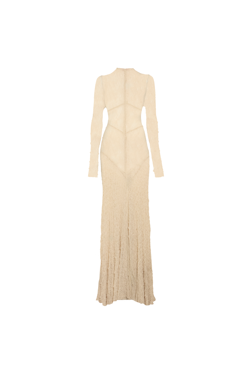 VESTIDO LONGO MANGA LONGA RECORTES RENDA BEGE (8980758462691)