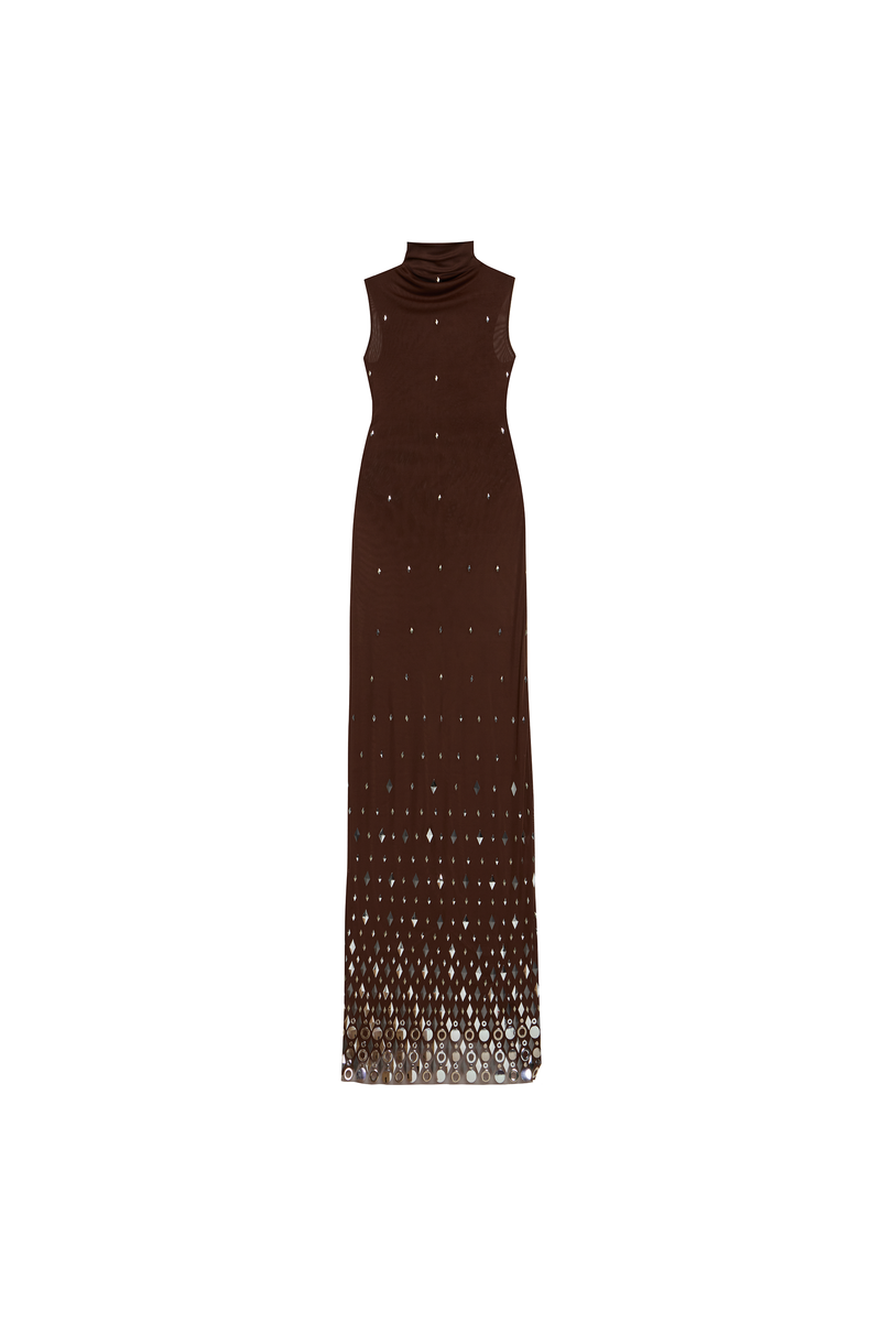 VESTIDO LONGO GOLA ALTA SEM MANGA METAIS TULE MARROM (8980758233315)