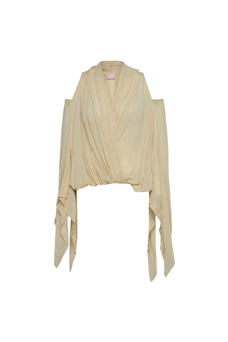 BLUSA DECOTE TRANSPASSE ELÁSTICO CINTURA MANGA AMPLA GEORGETE MANTEIGA (8904896479459)