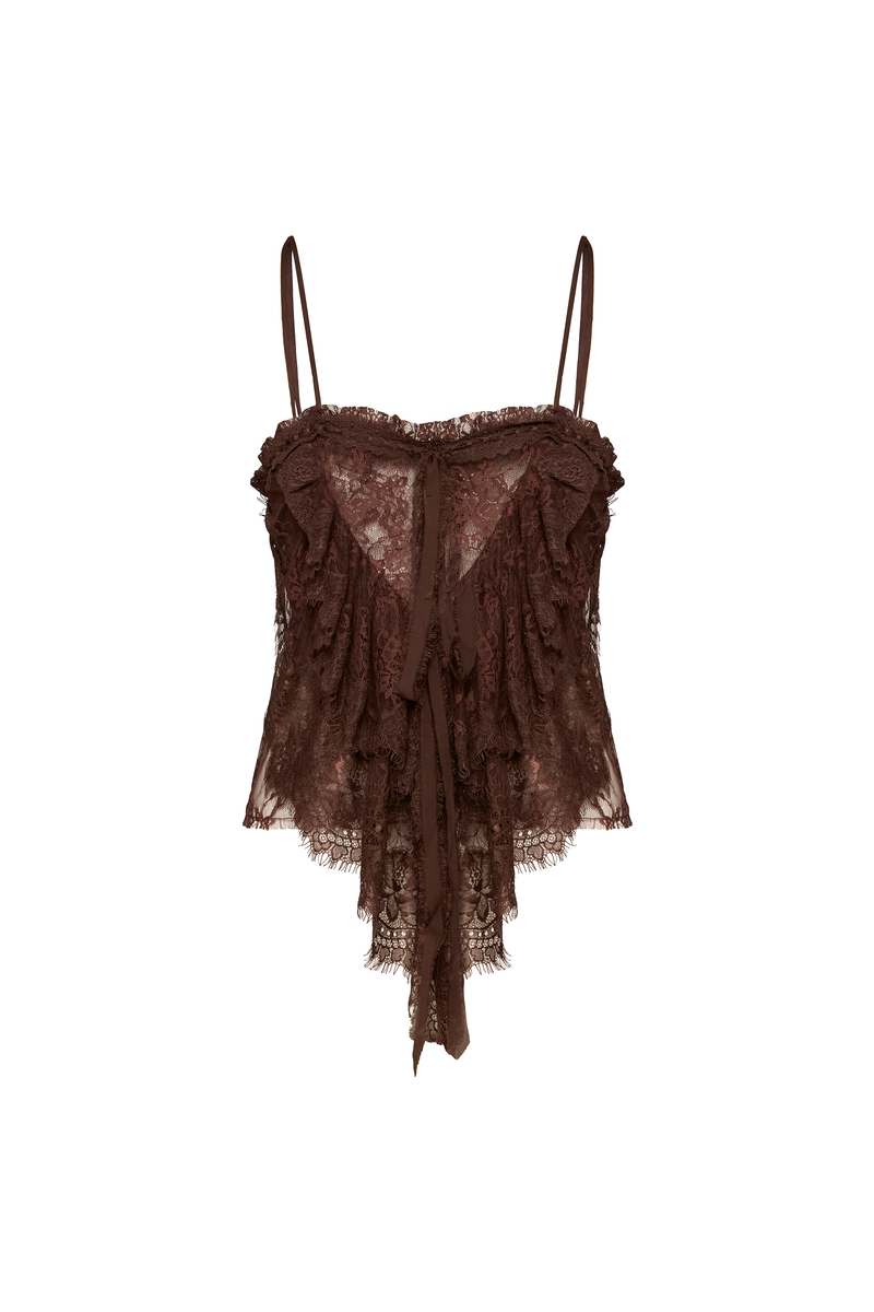 REGATA ALÇA BABADOS FRONTAIS RENDA MARROM