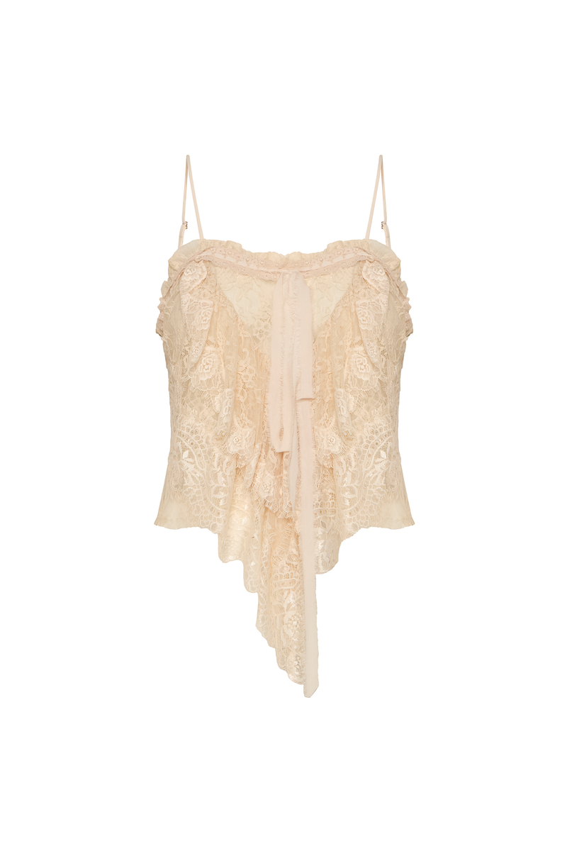 REGATA ALÇA BABADOS FRONTAIS RENDA BEGE