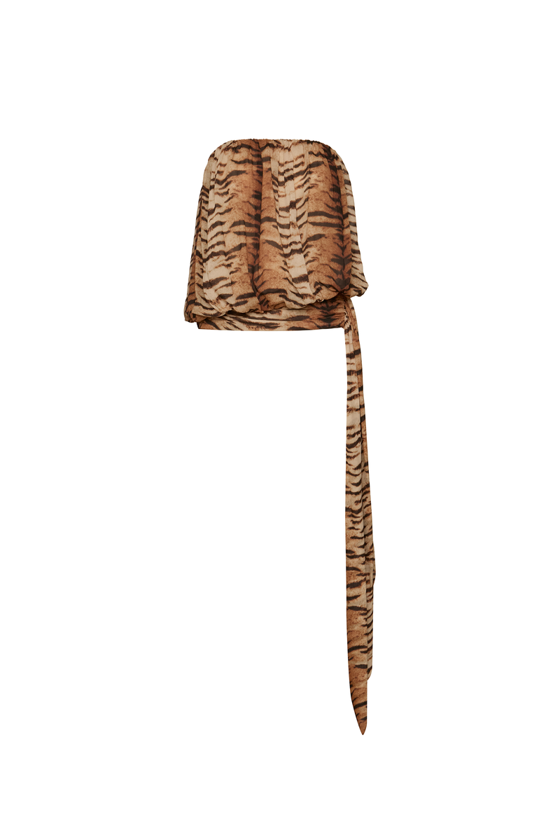 BLUSA TOMARA QUE CAIA BALONÊ FAIXA ASSIMÉTRICA DRAPEADA CINTURA GEORGETE TIGRE