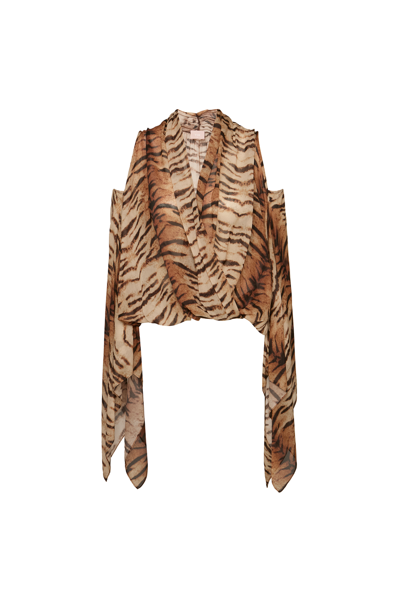 BLUSA DECOTE TRANSPASSE ELÁSTICO CINTURA MANGA AMPLA GEORGETE TIGRE