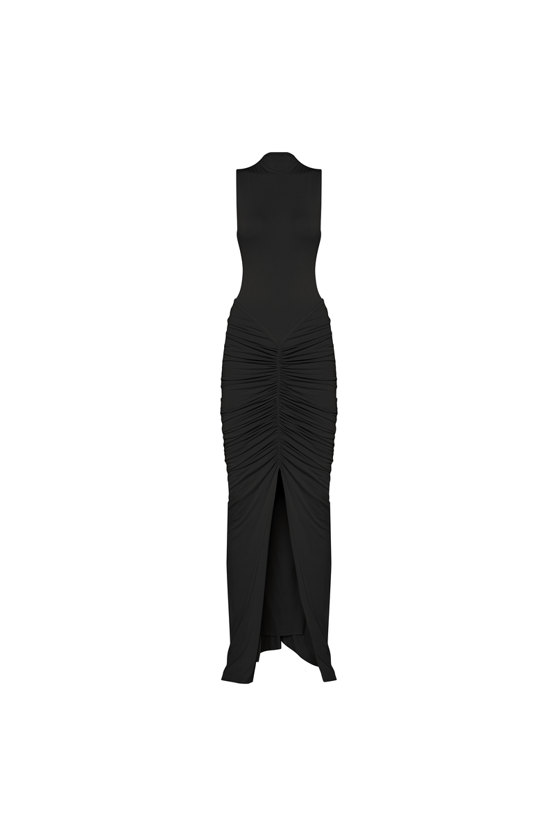 VESTIDO LONGO SEM MANGA SAIA DRAPEADA MALHA PRETA