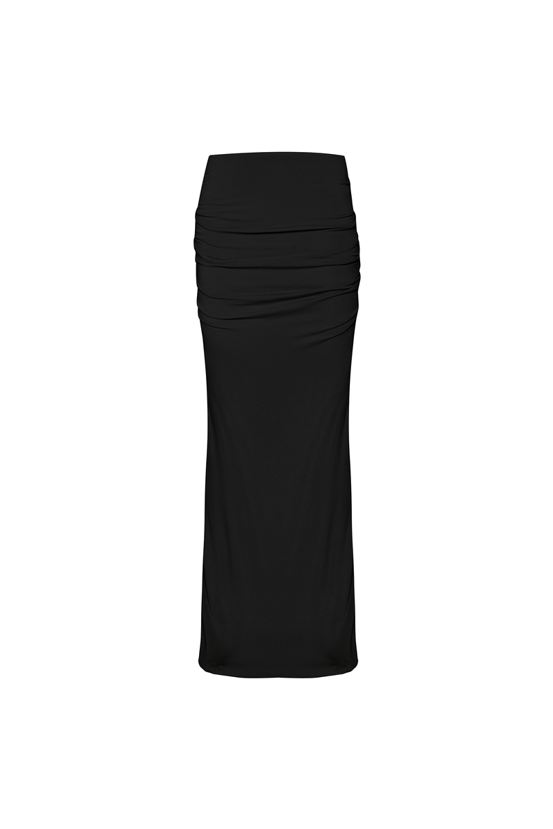 SAIA LONGA DRAPEADO QUADRIL MALHA PRETA