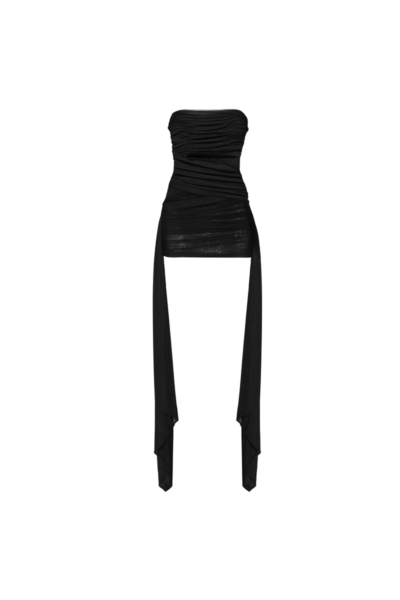 VESTIDO CURTO TOMARA QUE CAIA TRANSPASSES TULE PRETO