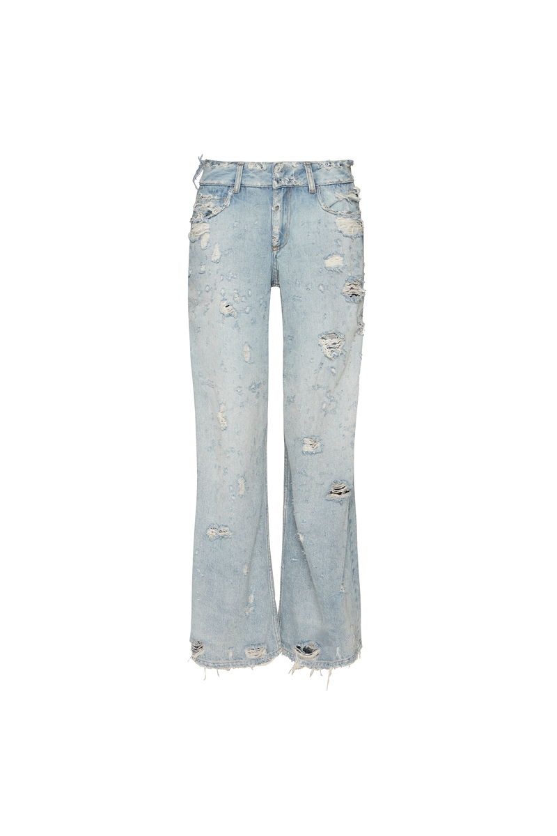 CALÇA JEANS PREGA INTERNA FLARE DESTROYED