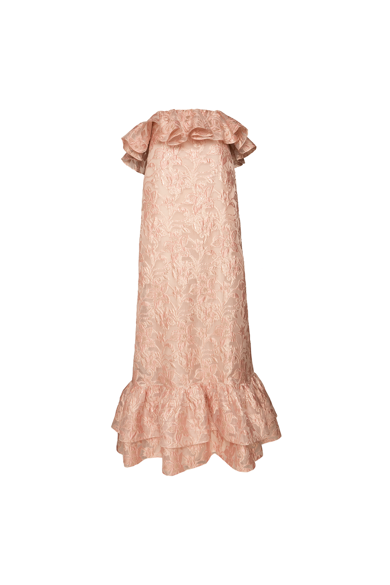 VESTIDO LONGO TOMARA QUE CAIA BABADOS DECOTE E BARRA JAQUARD FLORAL