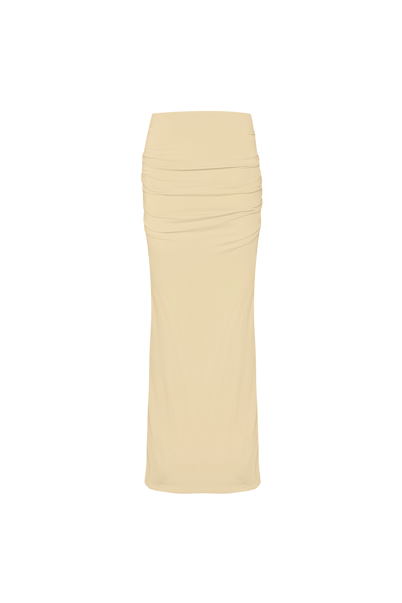 SAIA LONGA DRAPEADO QUADRIL MALHA MANTEIGA