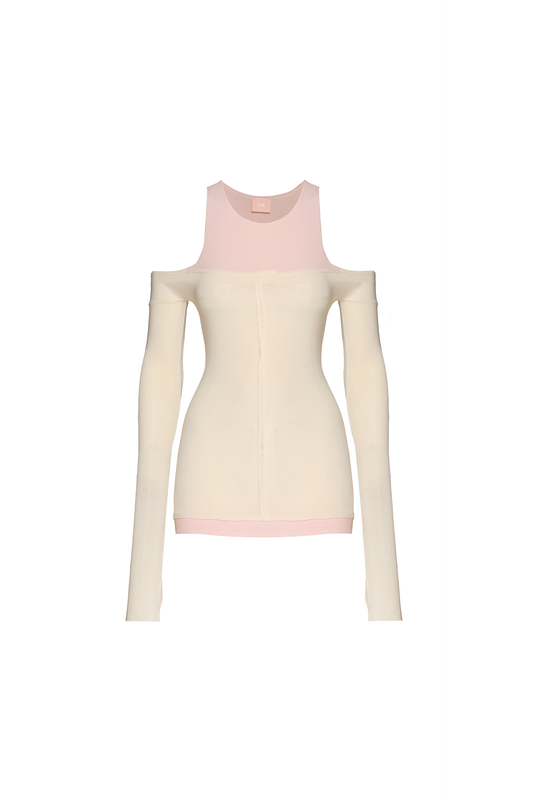 BLUSA MANGA LONGA OMBRO A OMBRO BICOLOR MALHA BEGE E ROSA