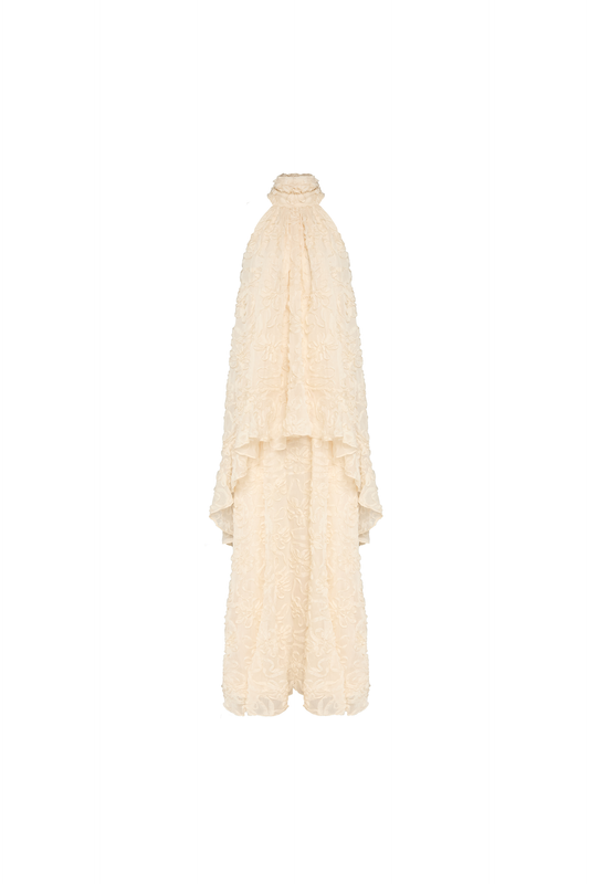 VESTIDO FESTA LONGO SEM MANGA MULLET BORDADO CREME