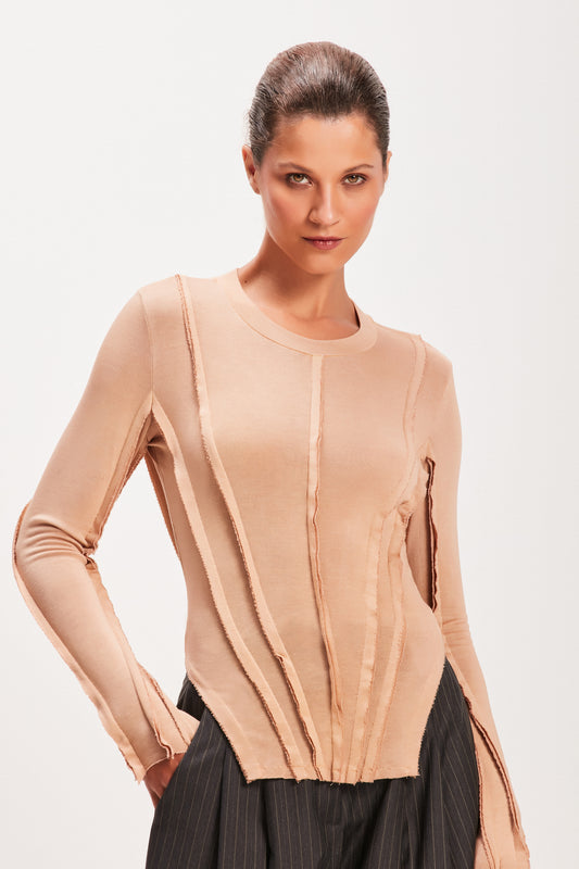 BLUSA RECORTES TINTURADA MALHA BEGE (8080365977827)