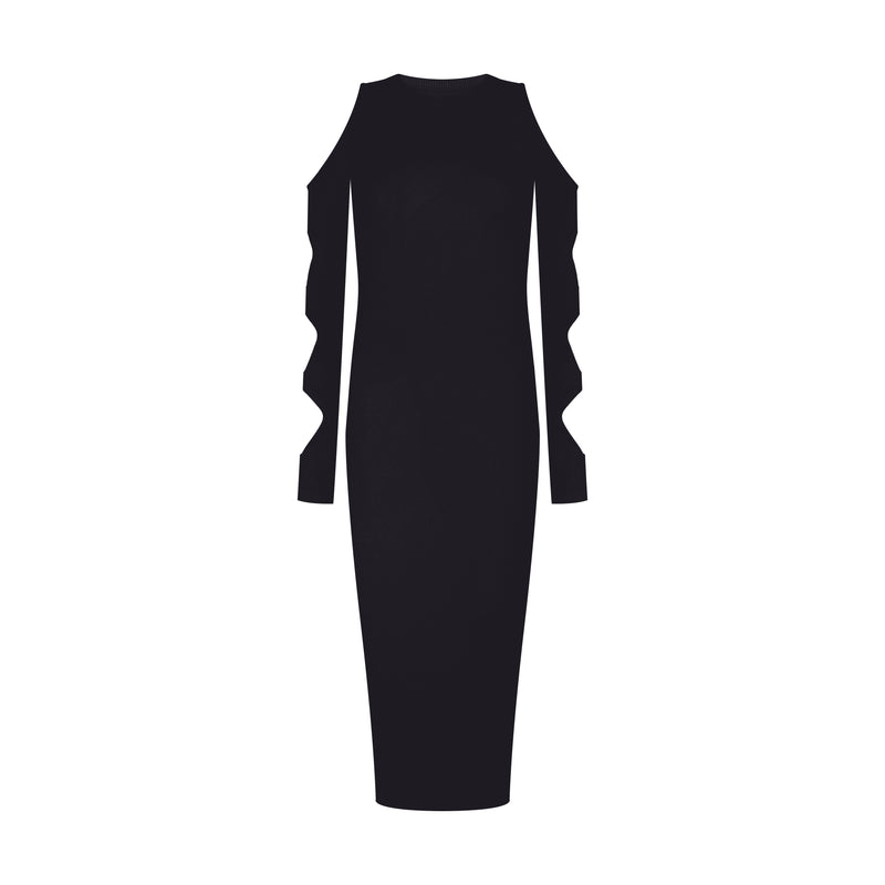 VESTIDO CURTO TRICOT RECORTES MANGA PRETO (8127965855971)