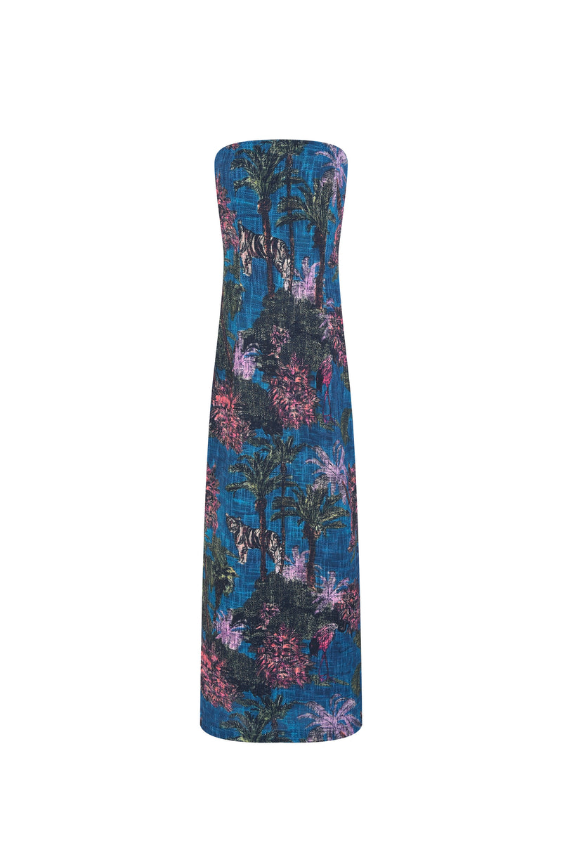 VESTIDO LONGO TOMARA QUE CAIA LINHÃO ESTAMPA JUNGLE AZUL (8127966216419)