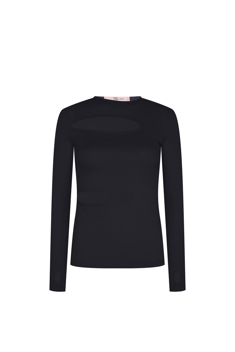 BLUSA RECORTES FRENTE MANGA LONGA MALHA PRETA (8127958778083)
