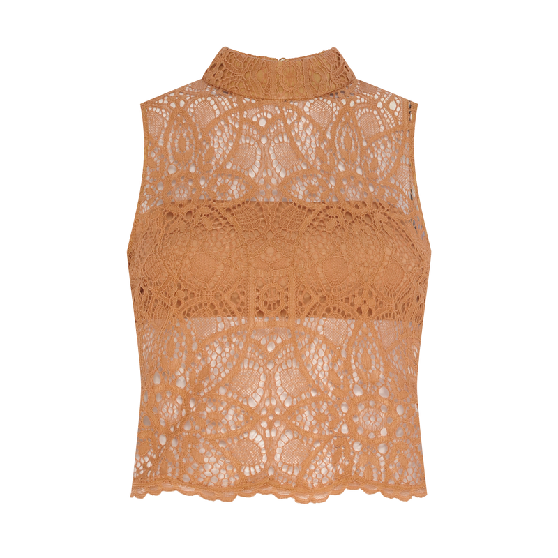BLUSA CROPPED SEM MANGA RENDA OCRE (8098996846819)