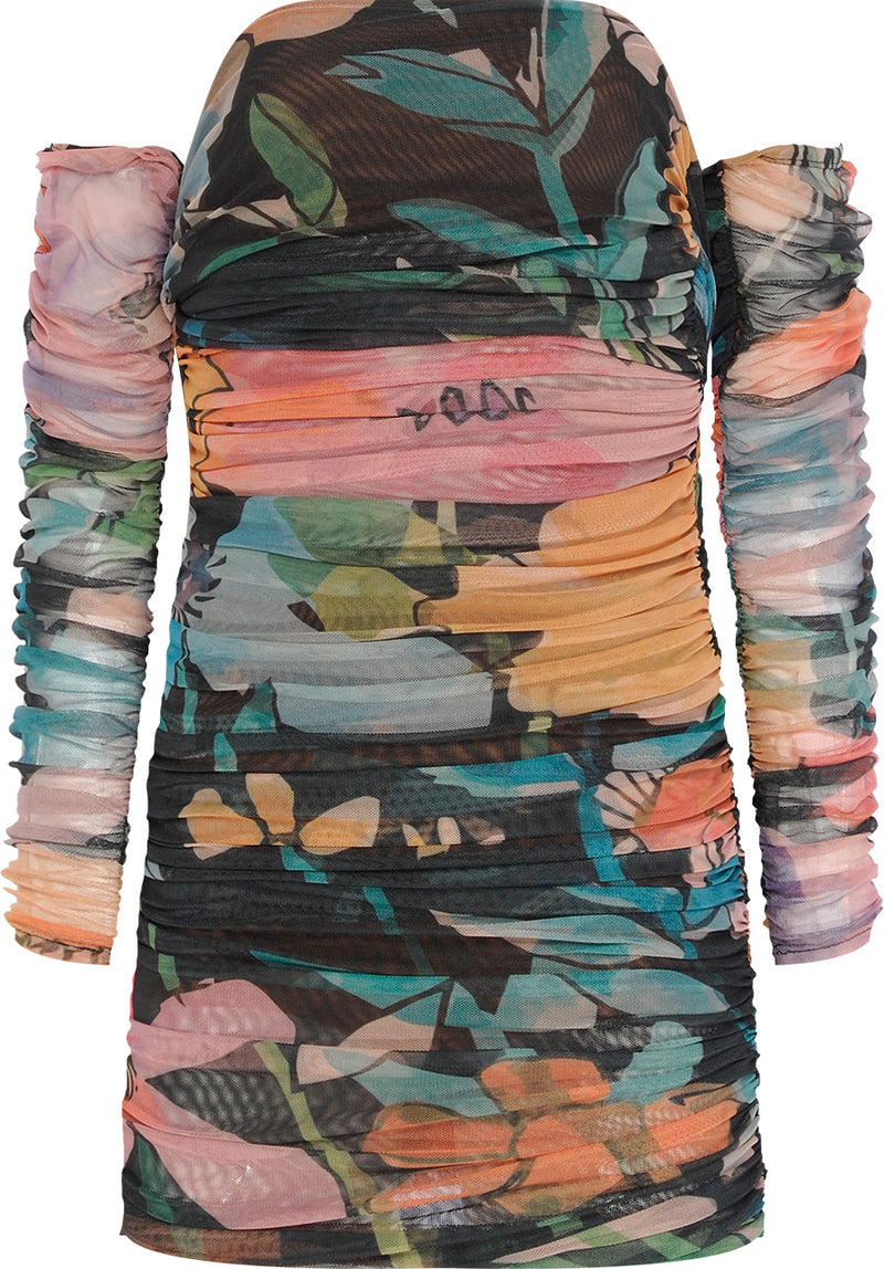 VESTIDO CURTO TULE MANGA LONGA FLORAL MULTICOLOR (8112395845859)