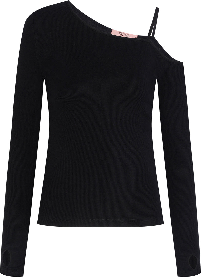 BLUSA DECOTE ASSIMÉTRICO ML MALHA PRETA (8112393060579)