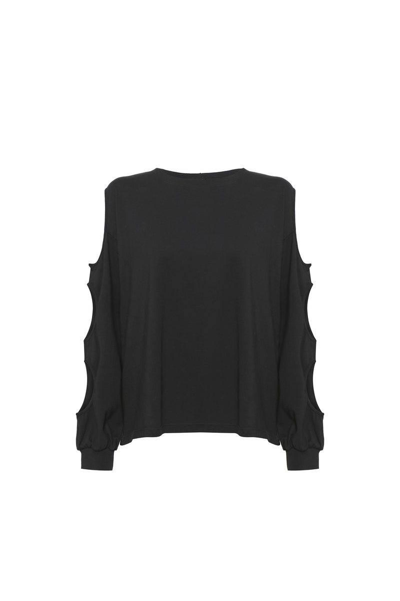BLUSA AMPLA ABERTURAS MANGAS MALHA PRETA (8616965046499)