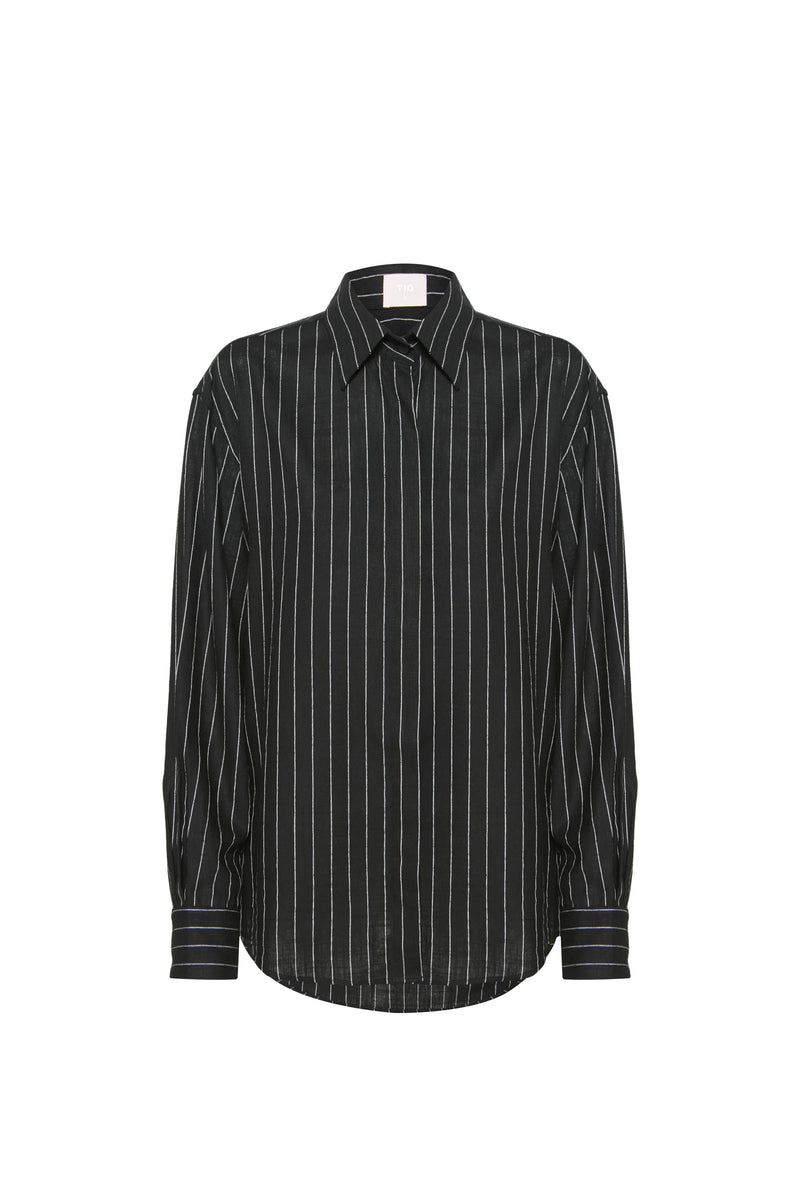 CAMISA LINHO MISTO RISCA DE GIZ PRETO (8616965767395)