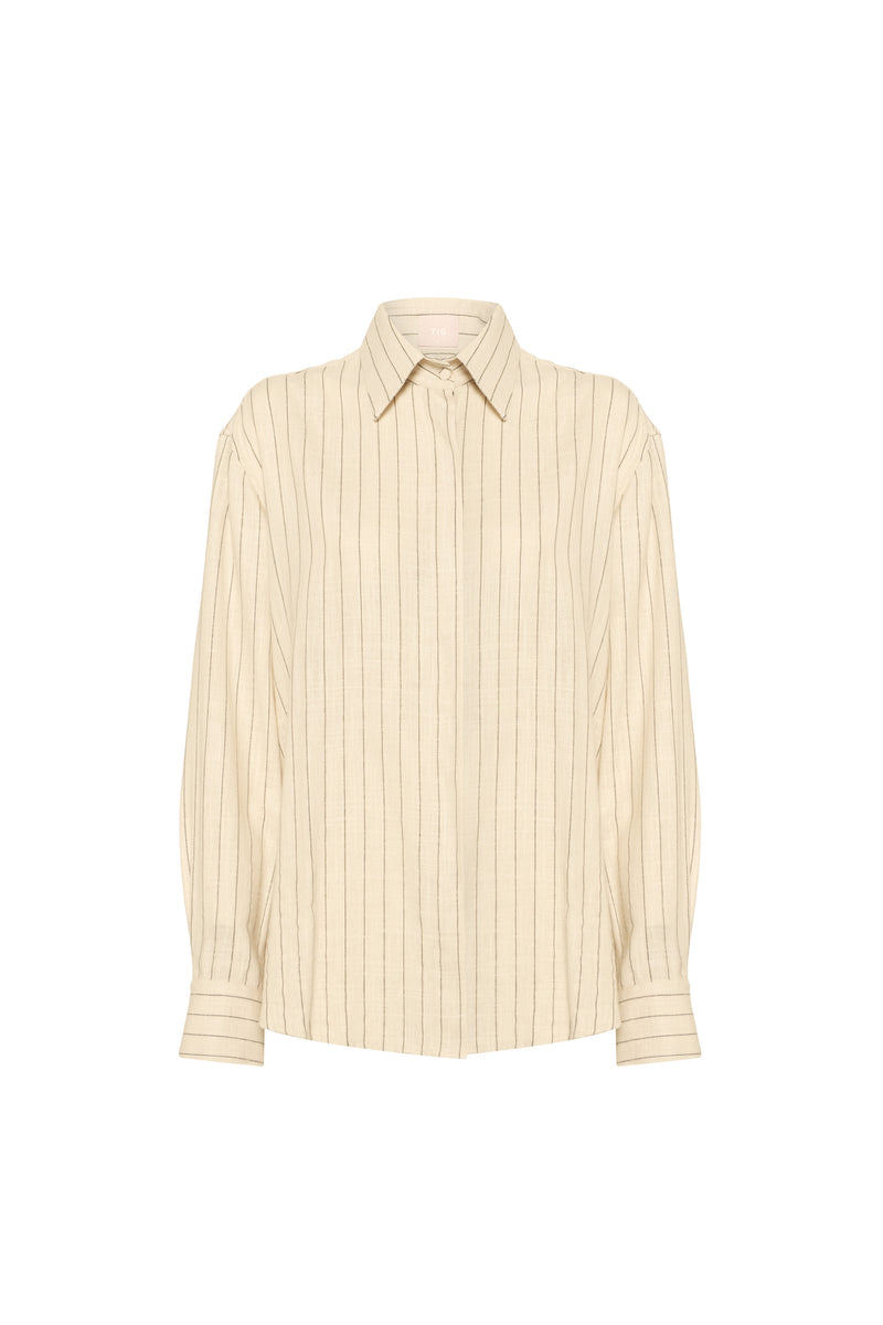 CAMISA LINHO MISTO RISCA DE GIZ BEGE (8616965669091)