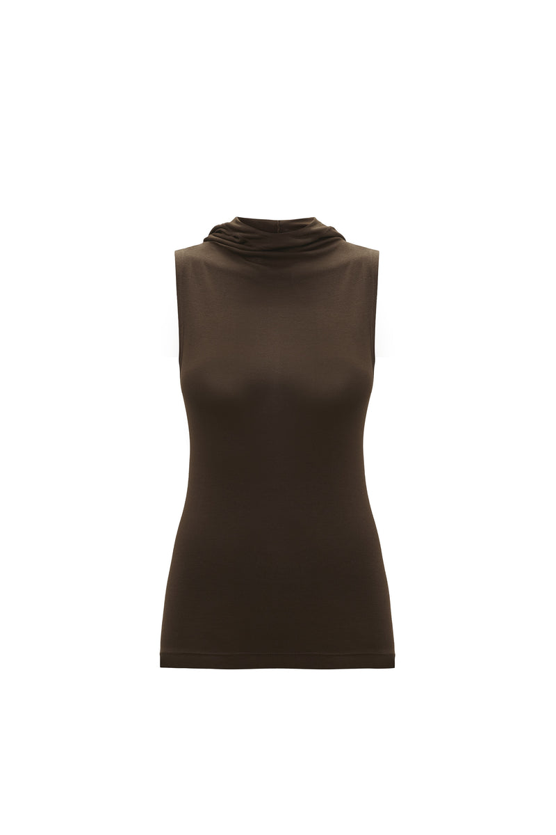 BLUSA CAPUZ SEM MANGA MALHA MARROM (8362926047459)
