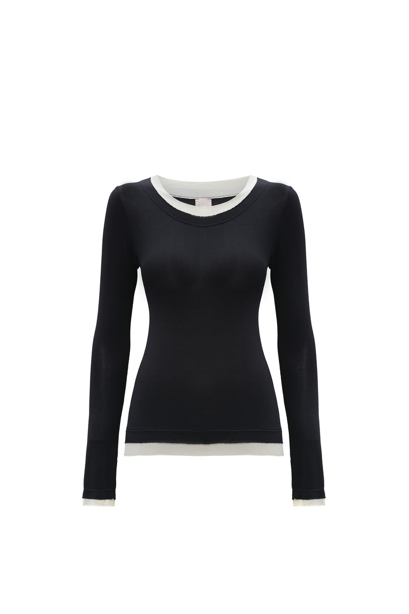 BLUSA MANGA LONGA MALHA PRETA  DETALHE BEGE (8362929062115)