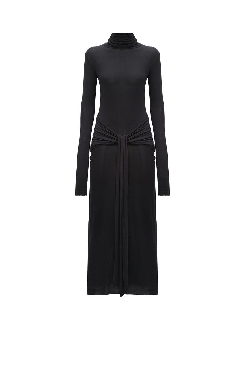 VESTIDO LONGO GOLA ALTA QUADRIL FRANZIDO MALHA PRETA (8362860445923)