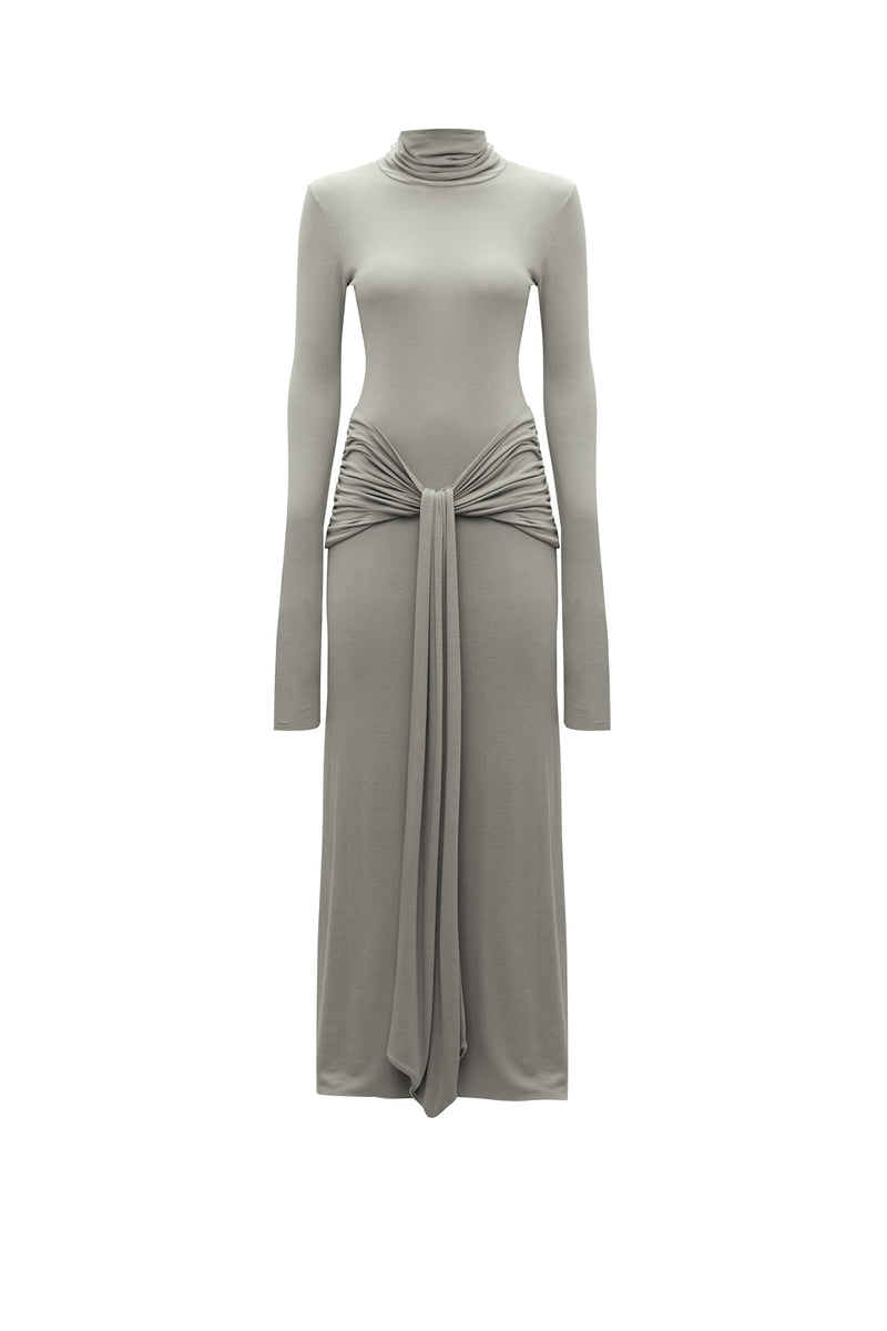 VESTIDO LONGO GOLA ALTA QUADRIL FRANZIDO MALHA CINZA CLARA (8362860380387)