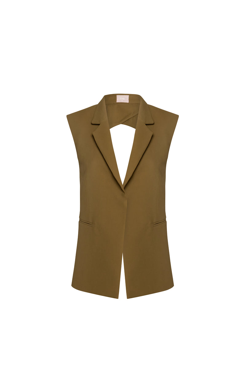 COLETE ALFAIATARIA COSTAS ABERTAS CREPE PATOU VERDE OLIVA (8644103569635)