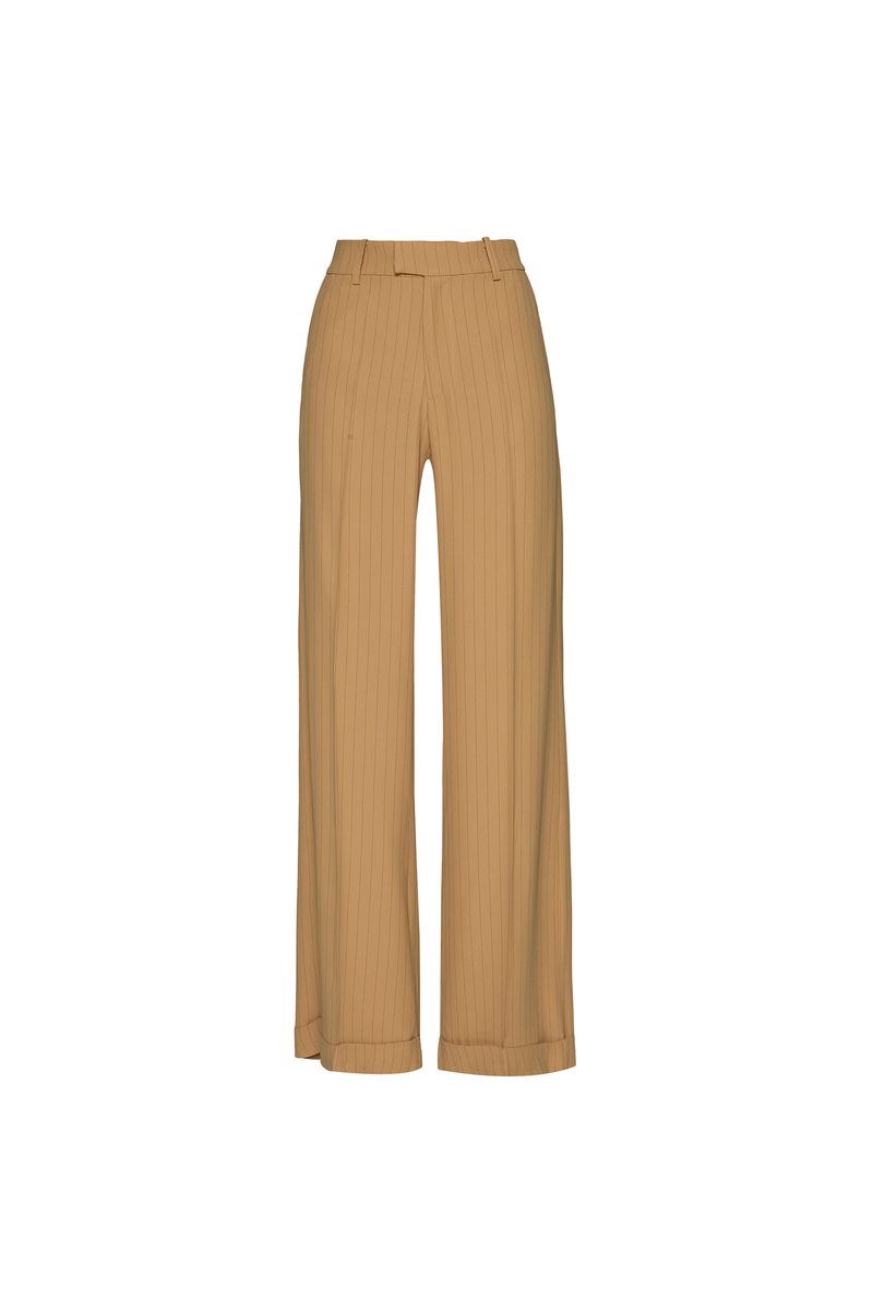 CALÇA ALFAIATARIA BARRA ITALIANA CREPE PATOU RISCA DE GIZ CARAMELO (8748925255907)
