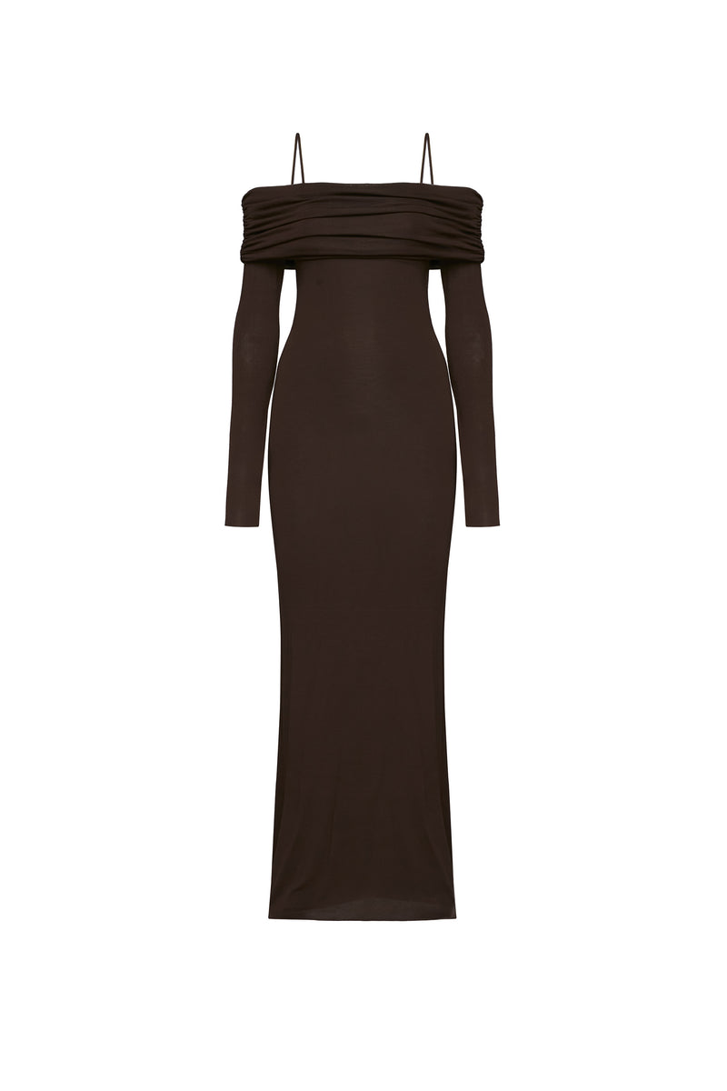 VESTIDO LONGO DUPLO PALA DRAPEADA MALHA MARROM (8579906568419)